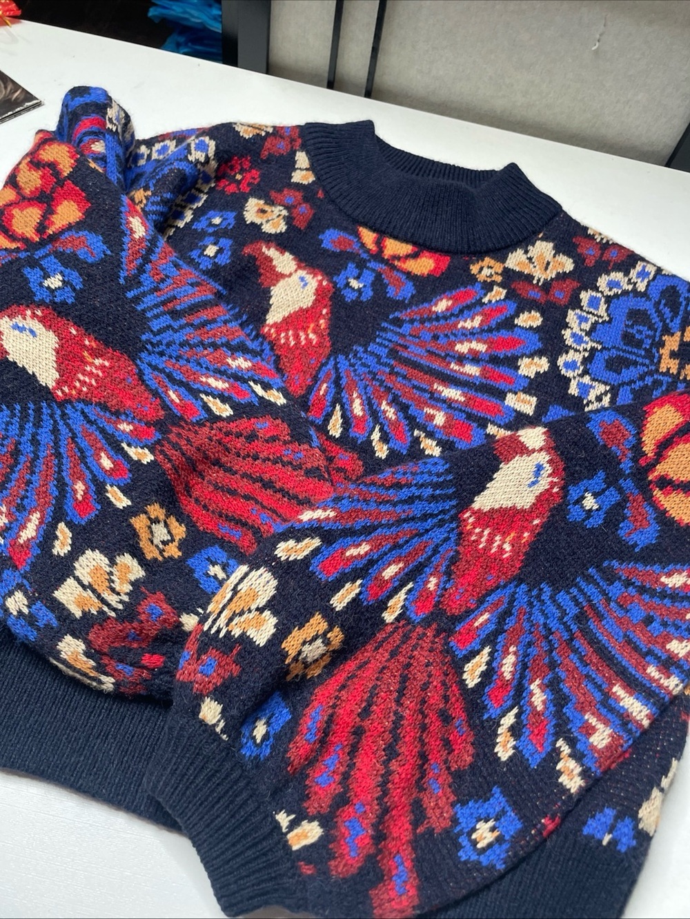 Farm Rio X-Small Multi Color Sweater Pineapple Flowers Jacquard Blouson Sleeve